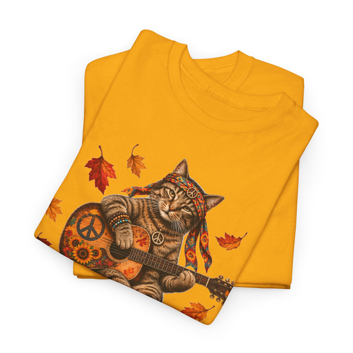 Boho  Cat Guitar T-Shirt - Hippie cat fall shirt, Peace Love Music Tee
