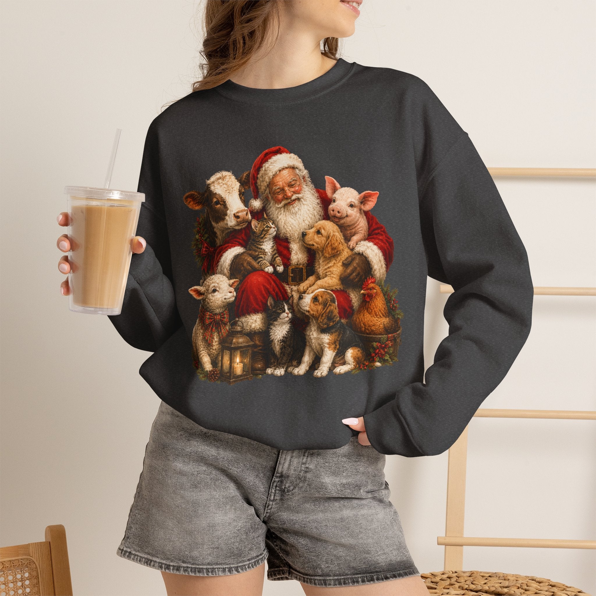 Santa with Farm Animals Sweatshirt — Vintage Christmas Crewneck