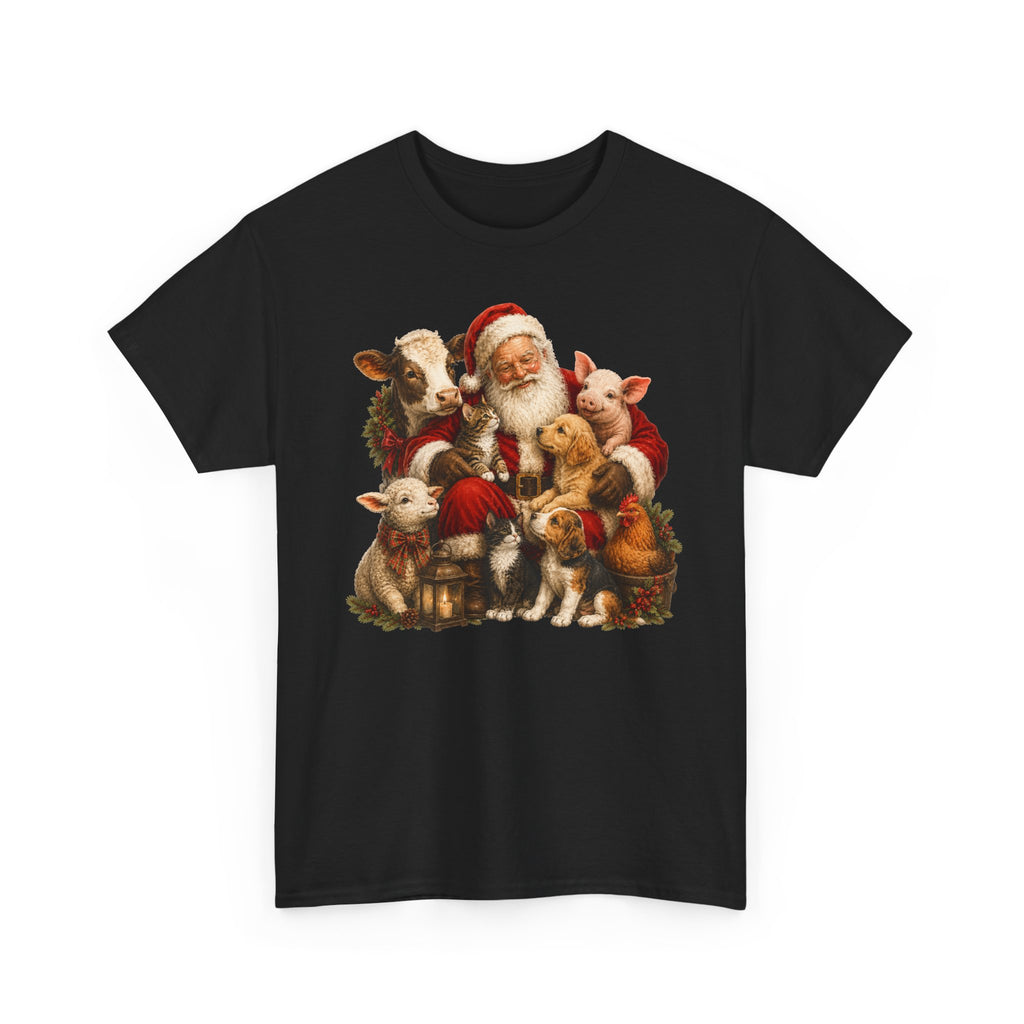 Santa with Farm Animals Christmas Tee — Vintage Holiday Animal Lover Shirt