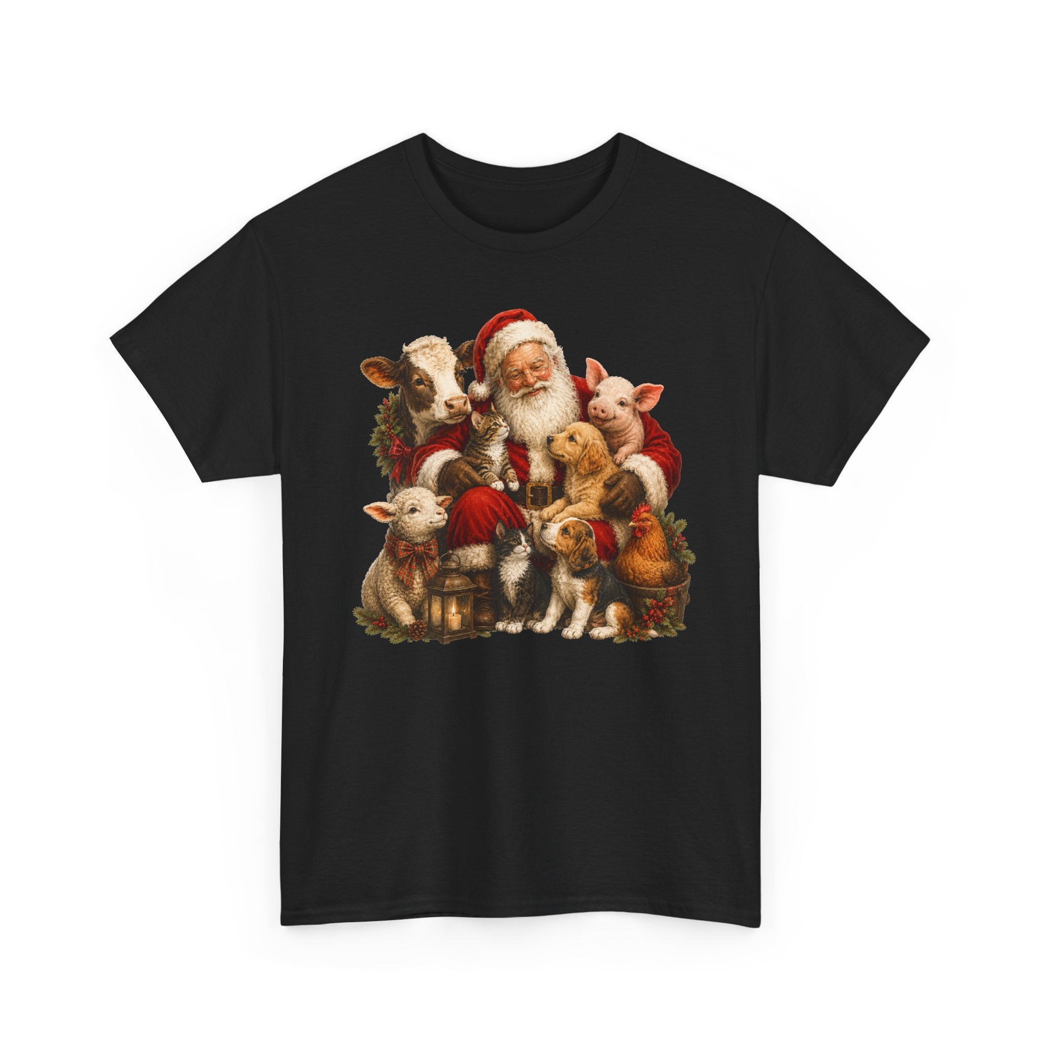 Santa with Farm Animals Christmas Tee — Vintage Holiday Animal Lover Shirt