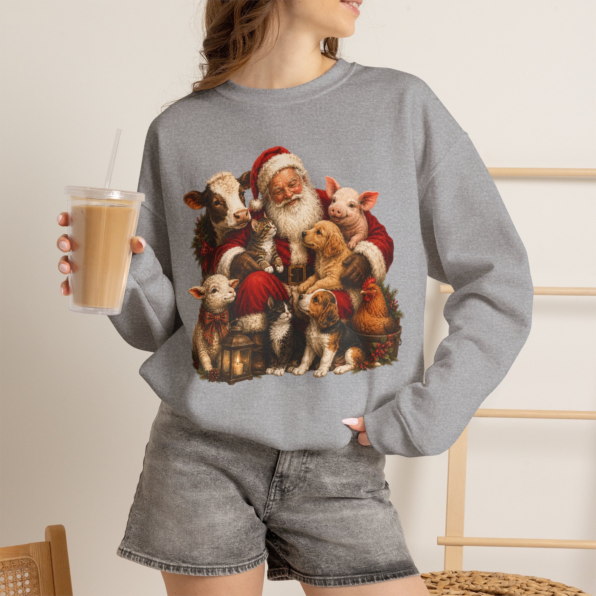Santa with Farm Animals Sweatshirt — Vintage Christmas Crewneck