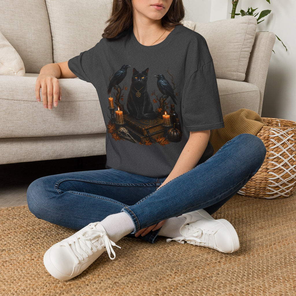 Occult Black Cat T-Shirt — Witchy Candle & Raven Spell Design