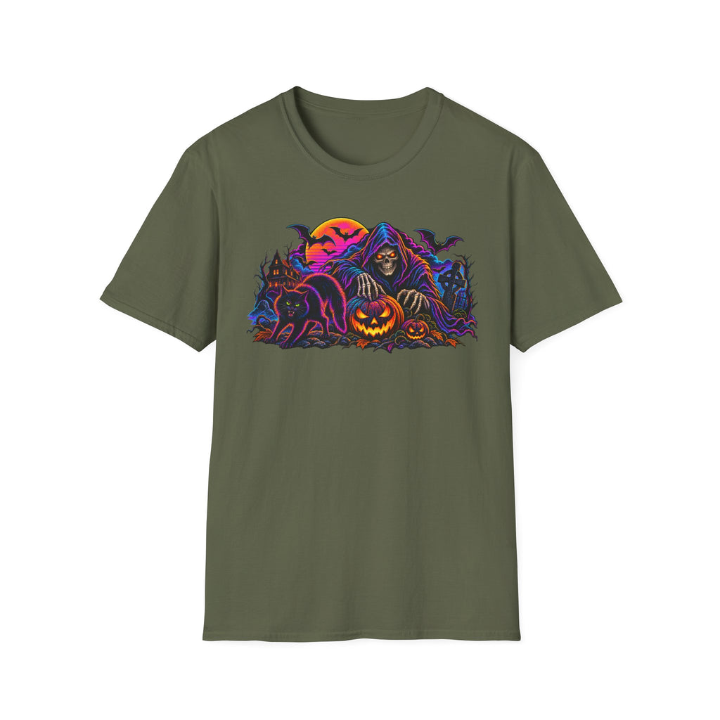 Halloween Grim Reaper T-Shirt — Pumpkin, Bats & Haunted Night Graphic Tee