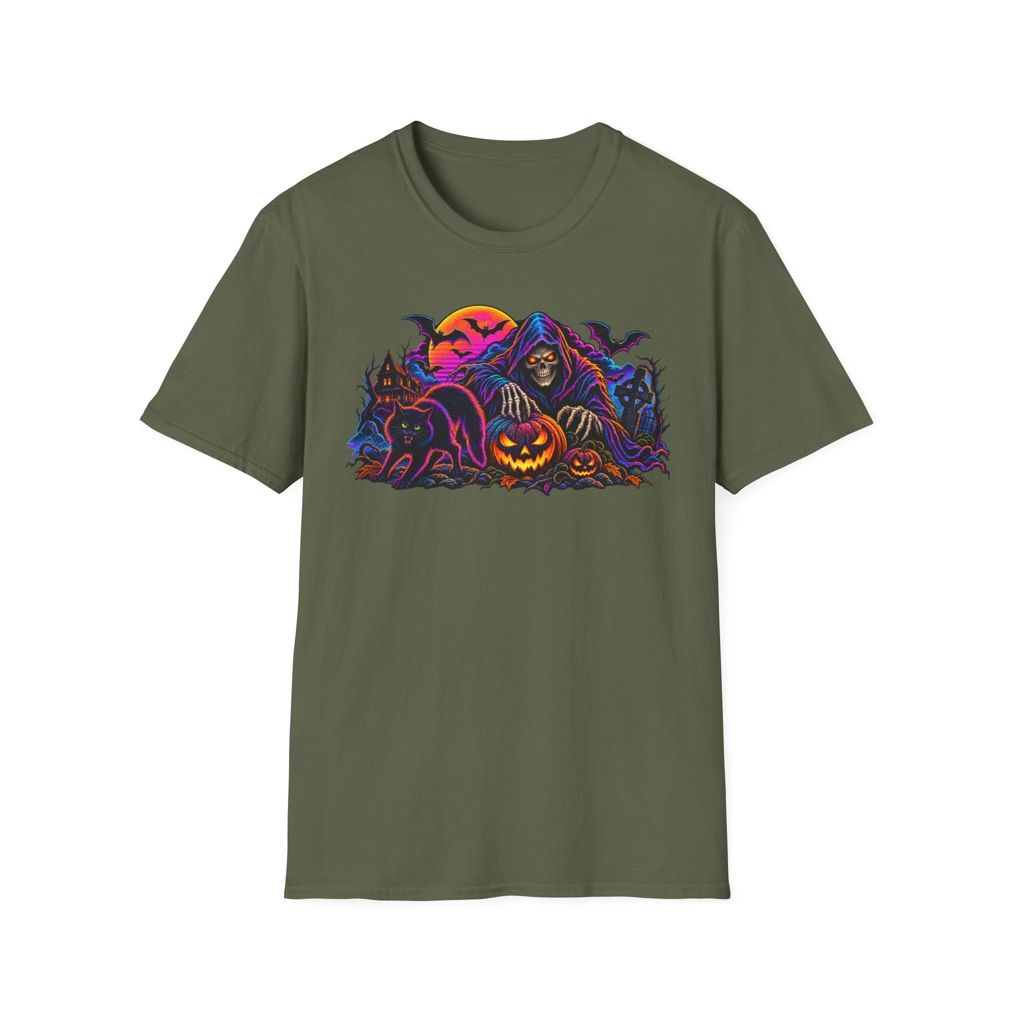 Halloween Grim Reaper T-Shirt — Pumpkin, Bats & Haunted Night Graphic Tee