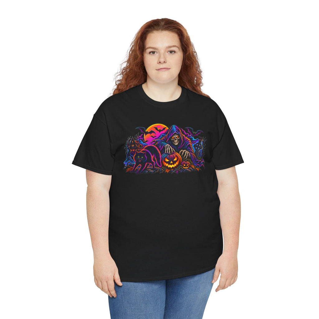 Halloween Grim Reaper Jack-O'-Lantern Tee — Retro Neon Spooky Skull Shirt