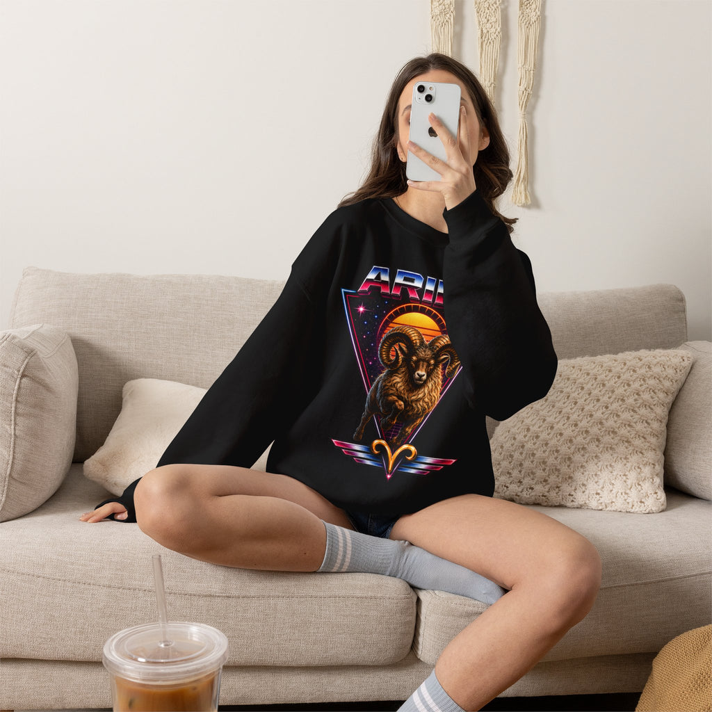 Aries Zodiac Crewneck Sweatshirt — 80s Retro Ram Astrology Graphic