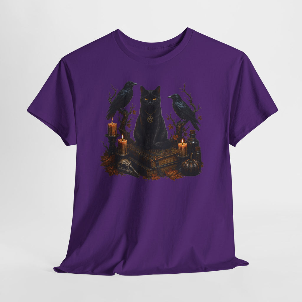 Witchy Black Cat T-Shirt — Candlelit Raven & Grimoire Gothic Tee