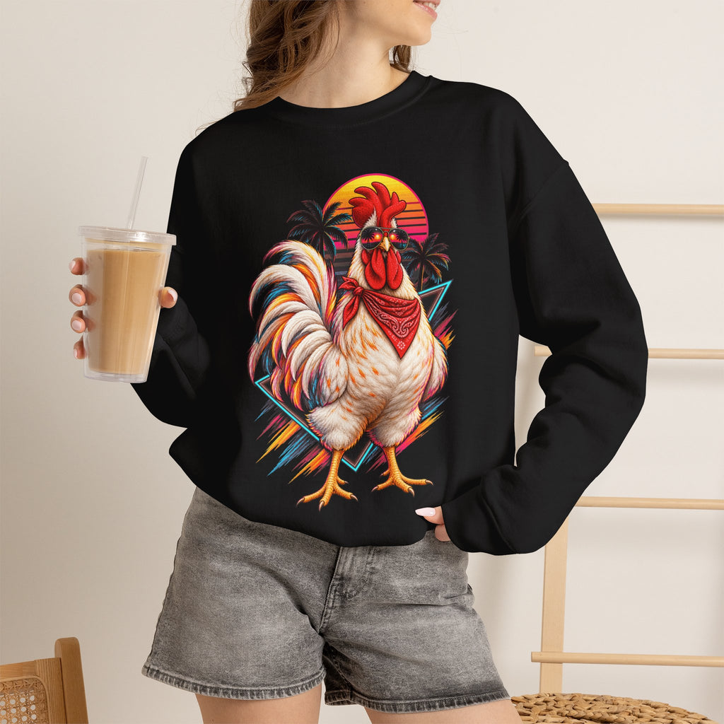 Rooster Sunset Crewneck Sweatshirt — Tropical Farm Rooster Graphic