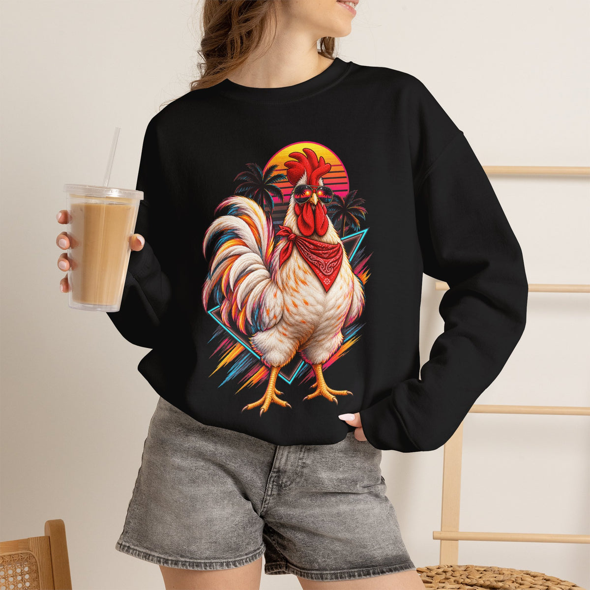 Rooster Sunset Crewneck Sweatshirt — Tropical Farm Rooster Graphic