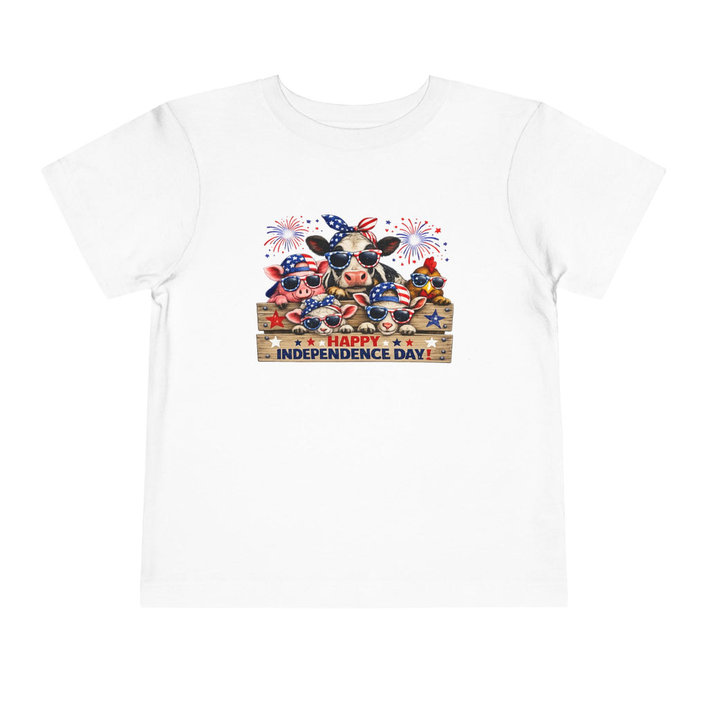 Happy Independence Day Toddler Tee — Patriotic Farm Animals  & Fireworks 4th of July Shirt