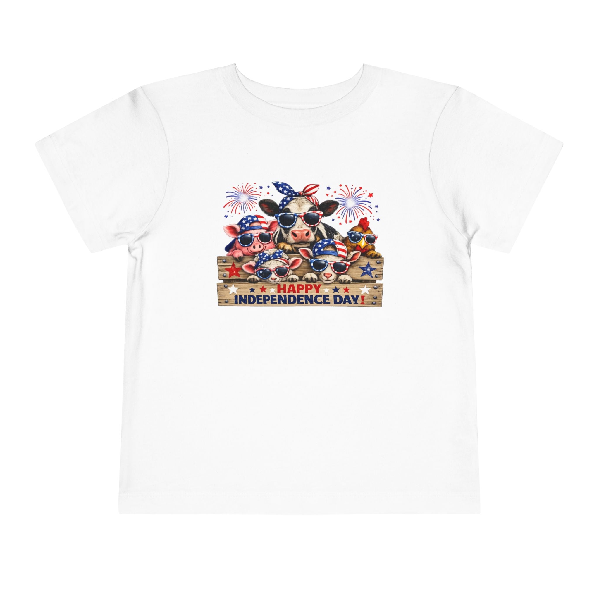 Happy Independence Day Toddler Tee — Patriotic Farm Animals  & Fireworks 4th of July Shirt