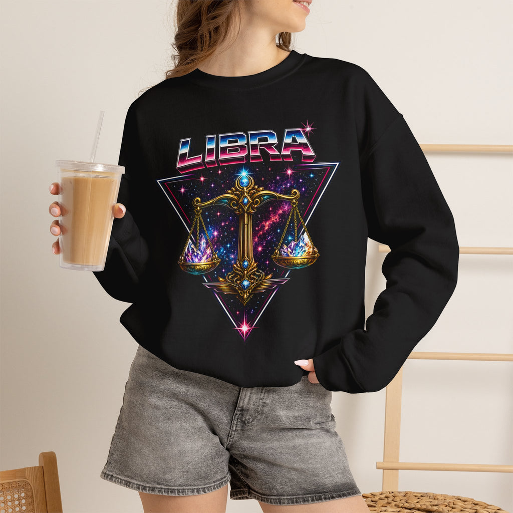 Libra Zodiac Crewneck Sweatshirt — Retro Cosmic Scales Astrology Graphic