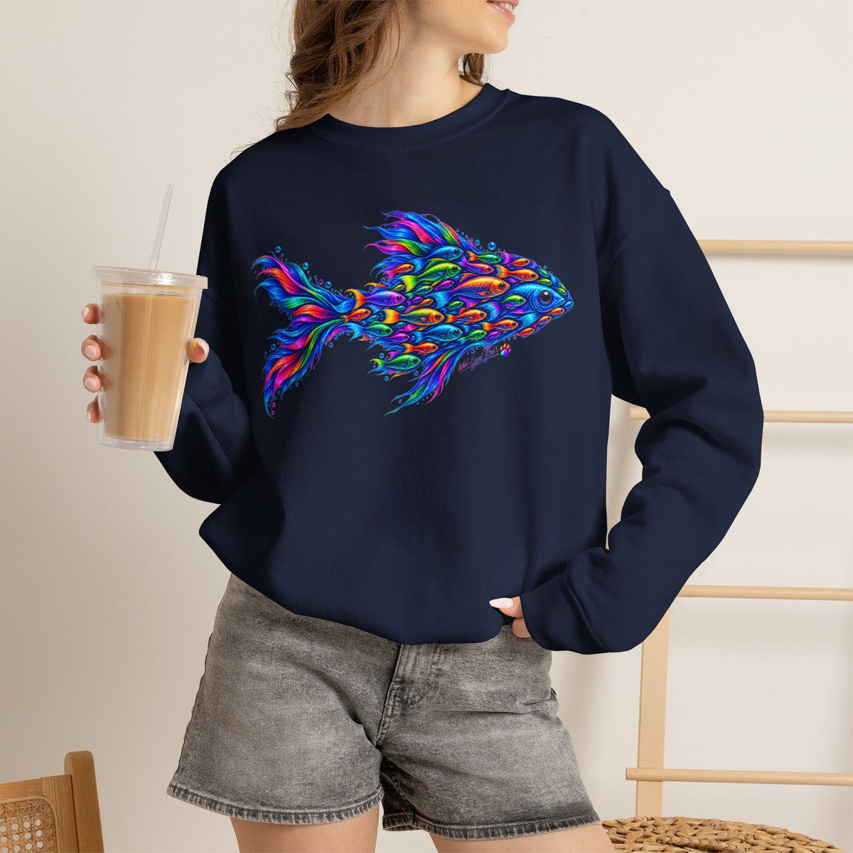 Colorful Fish Crewneck Sweatshirt — Vibrant Psychedelic Fish Graphic