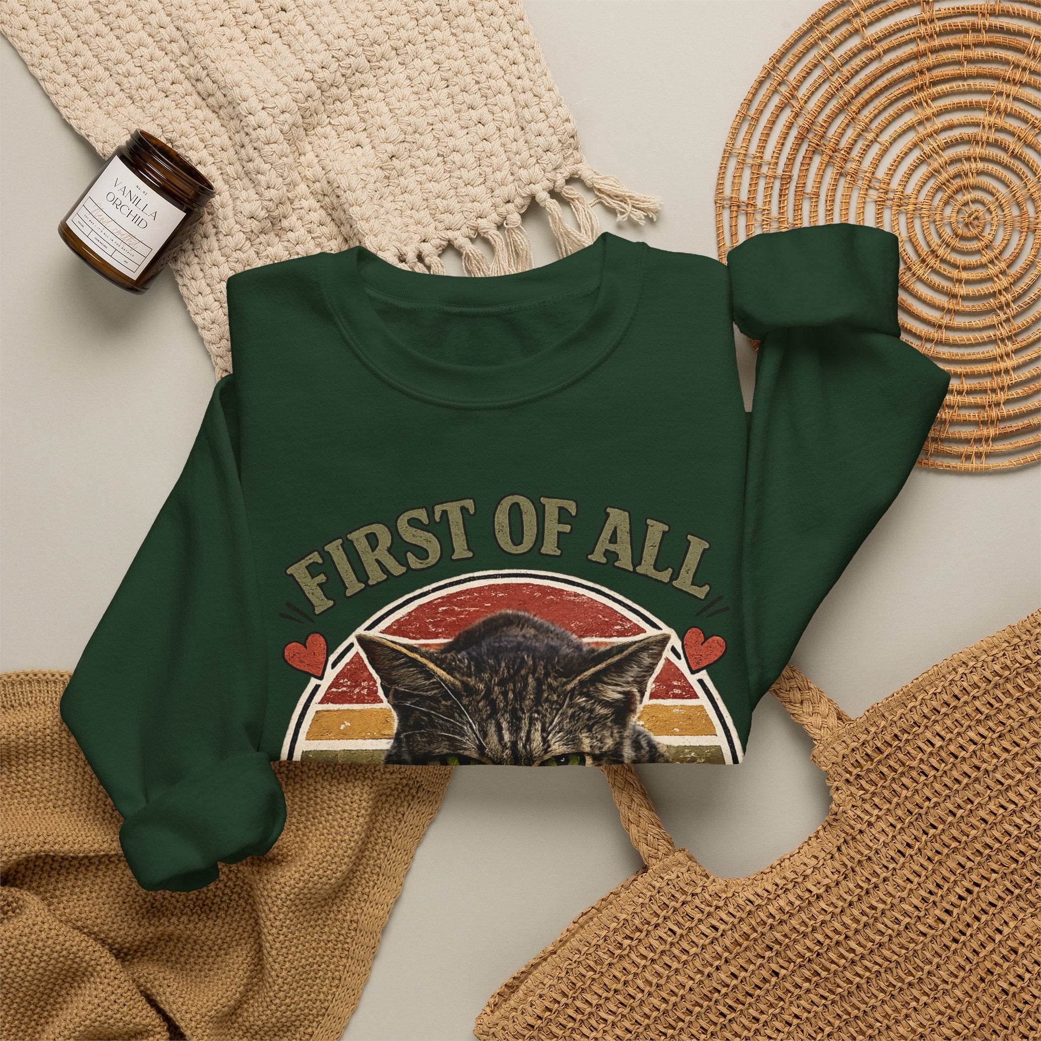 Cat Crewneck Sweatshirt — "First of All I'm a Delight" Retro Cat Pullover