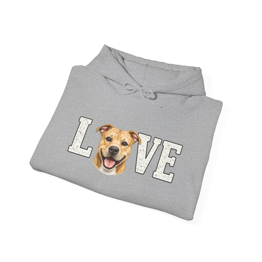 Pit Bull Love Hoodie — "LOVE" with Happy Pit Bull Dog Face | Pet Lover Pullover