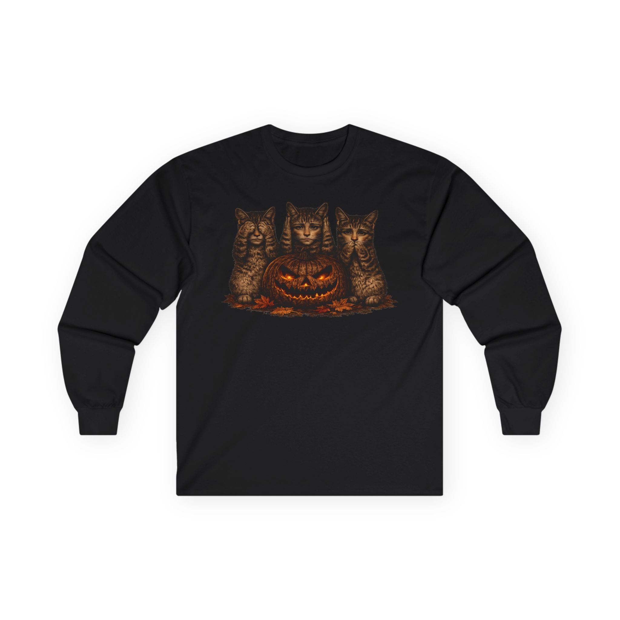 Anthropomorphic Trio Of  Cats Long Sleeve Tee — Three Kittens with Jack-O'-Lantern Graphic