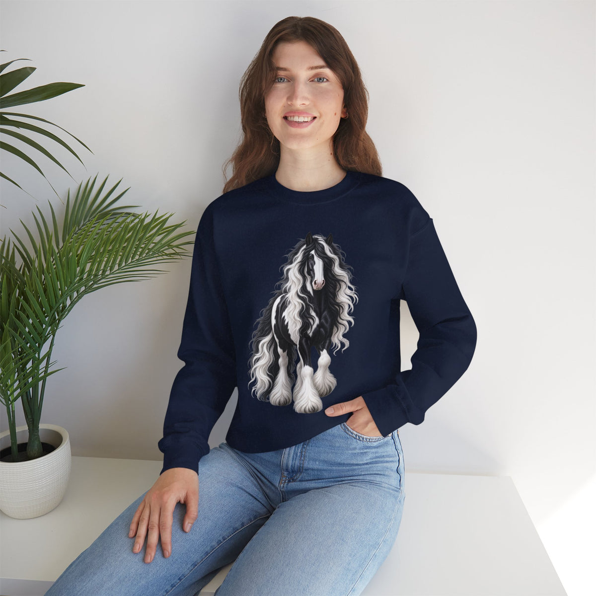 Gypsy Vanner Horse Crewneck Sweatshirt — Black & White Fluffy Pony Graphic