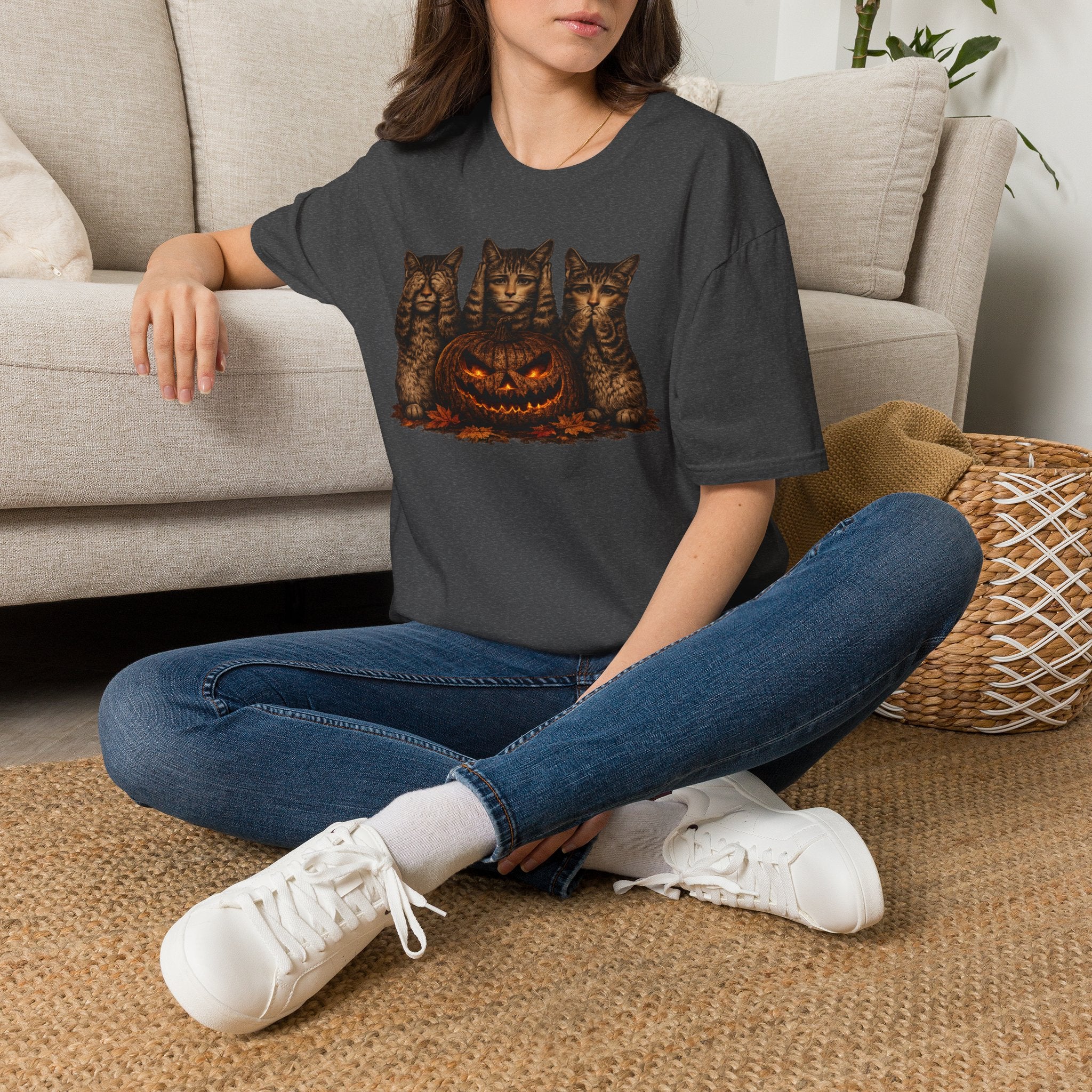 No Evil... Anthropomorphic Cat Pumpkin T-Shirt — Three Spooky Cats with Jack-O'-Lantern