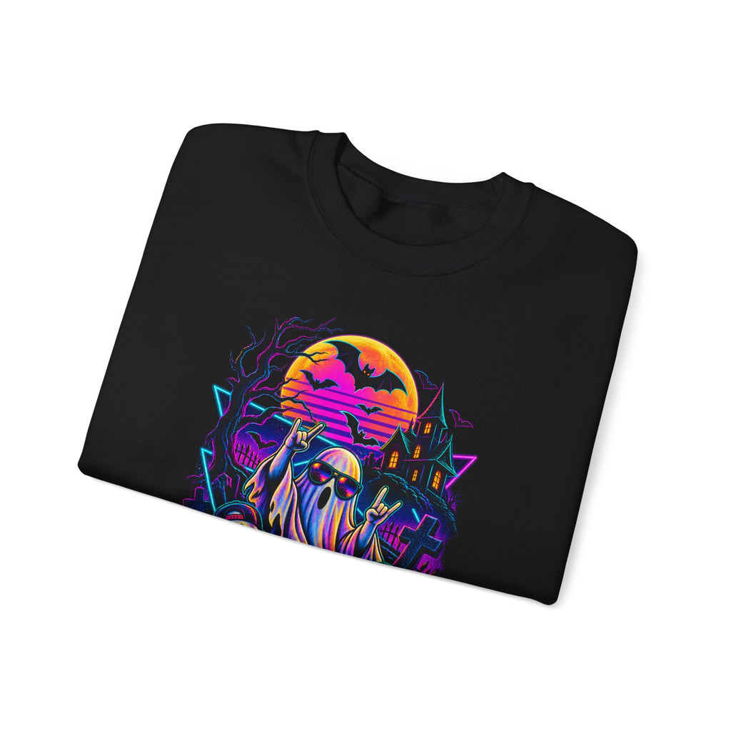 Halloween Neon Ghosts Crewneck Sweatshirt — Retro Pumpkin Haunted House Tee