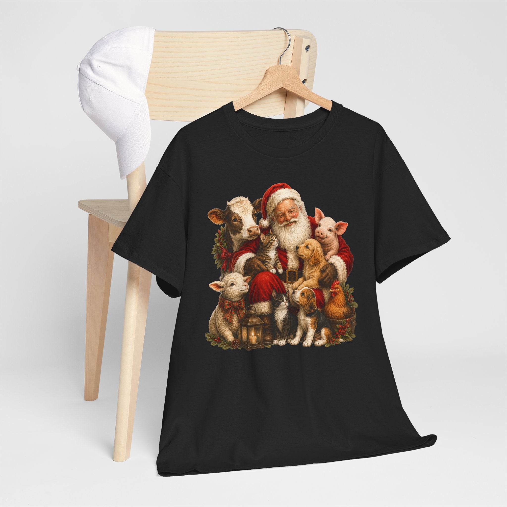 Santa with Farm Animals Christmas Tee — Vintage Holiday Animal Lover Shirt