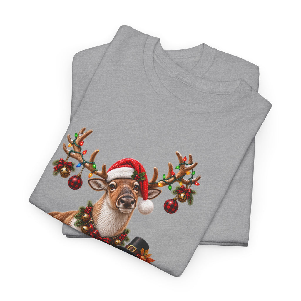 Holiday Mashup Tee — Reindeer with Turkey, Santa Hat & Jack-O’-Lantern