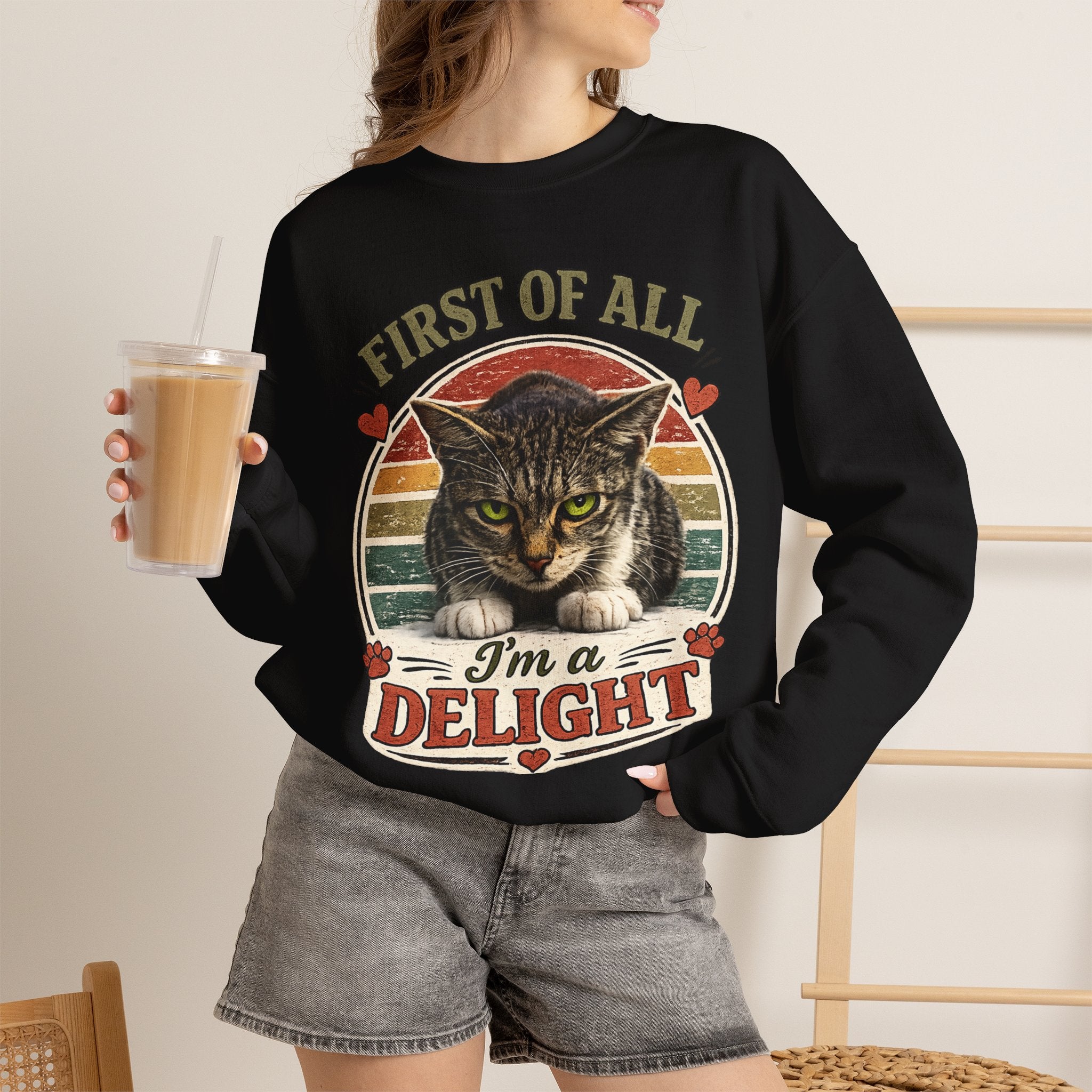 Cat Crewneck Sweatshirt — "First of All I'm a Delight" Retro Cat Pullover