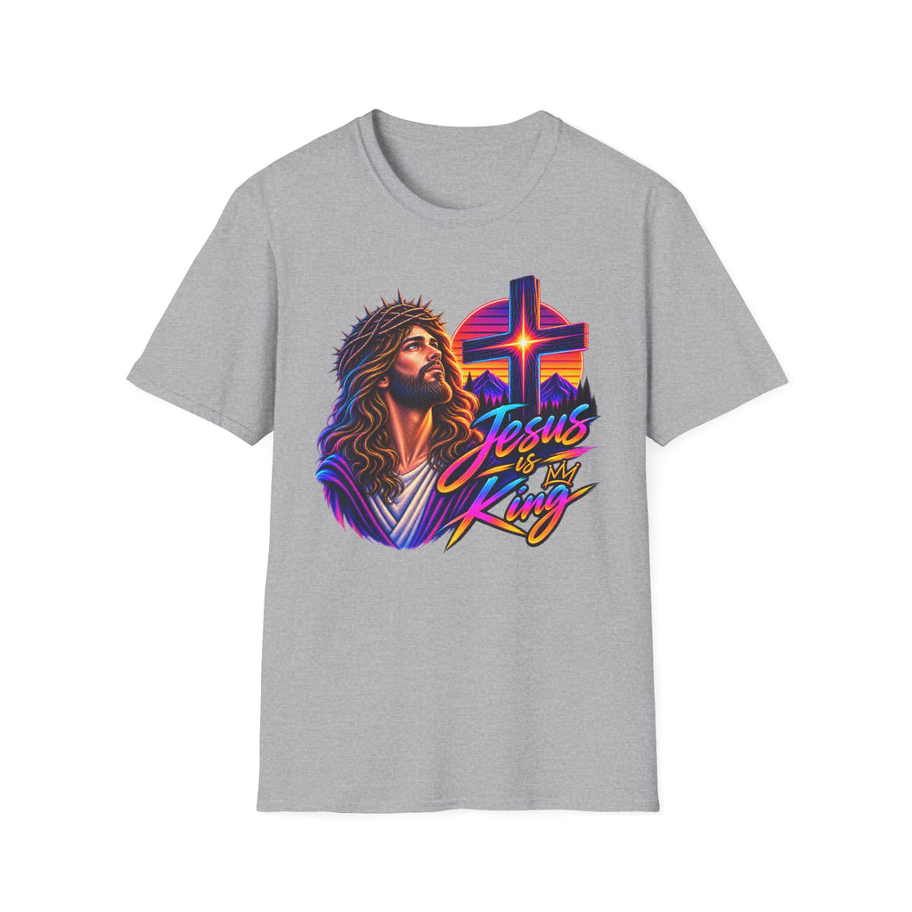 Jesus Is King T‑Shirt — Retro Neon Cross & Christ Portrait