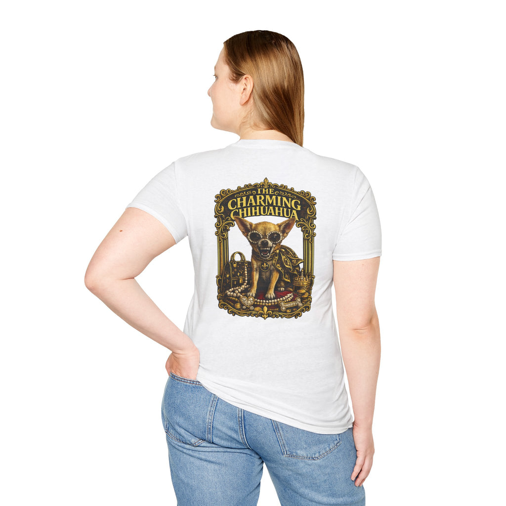 Chihuahua-Charming Chihuahua Graphic Tee — “The Charming Chihuahua” Cute Dog Lover T-Shirt --front and back print