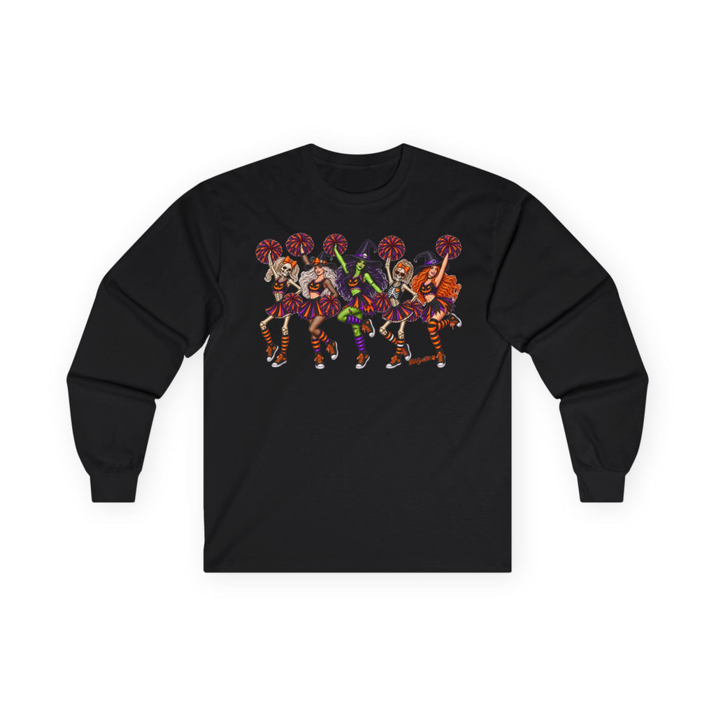 Cheerleader Skeletons and Witches Halloween Long Sleeve Tee