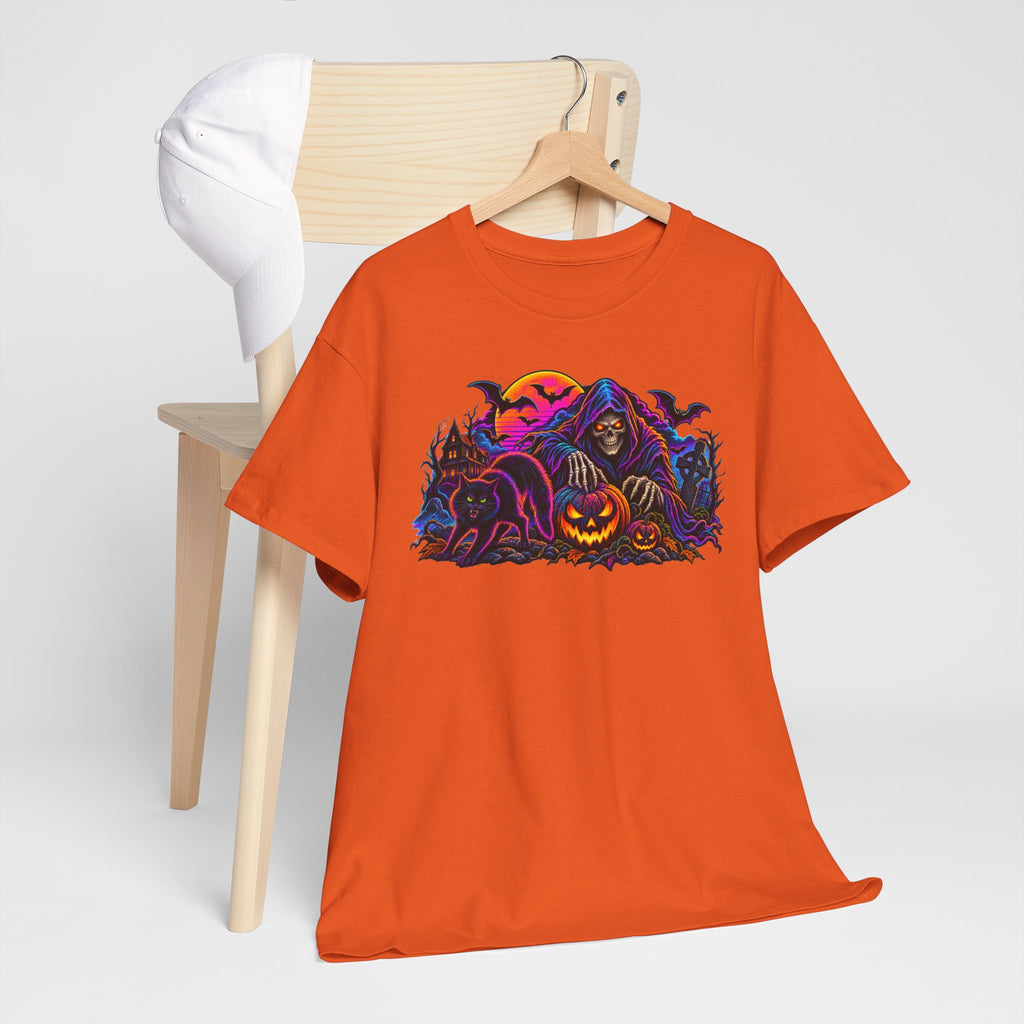 Halloween Grim Reaper Jack-O'-Lantern Tee — Retro Neon Spooky Skull Shirt