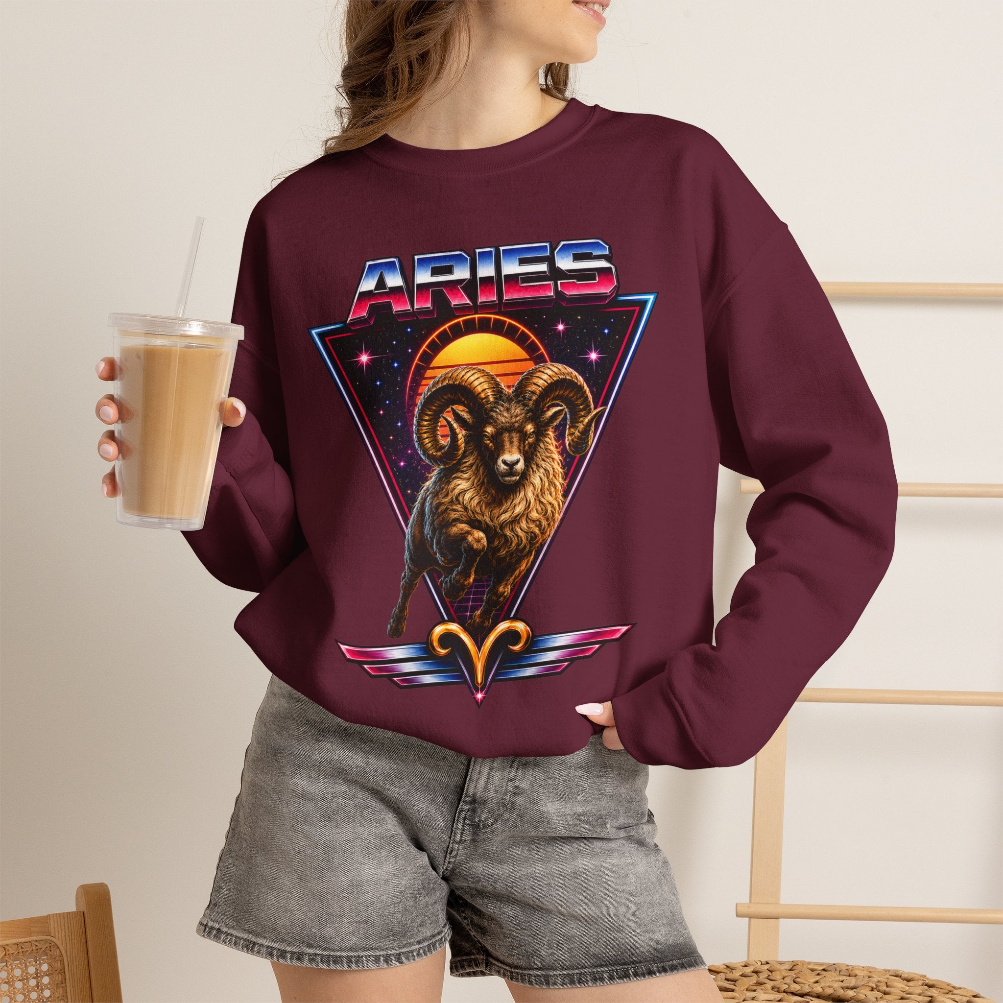 Aries Zodiac Crewneck Sweatshirt — 80s Retro Ram Astrology Graphic