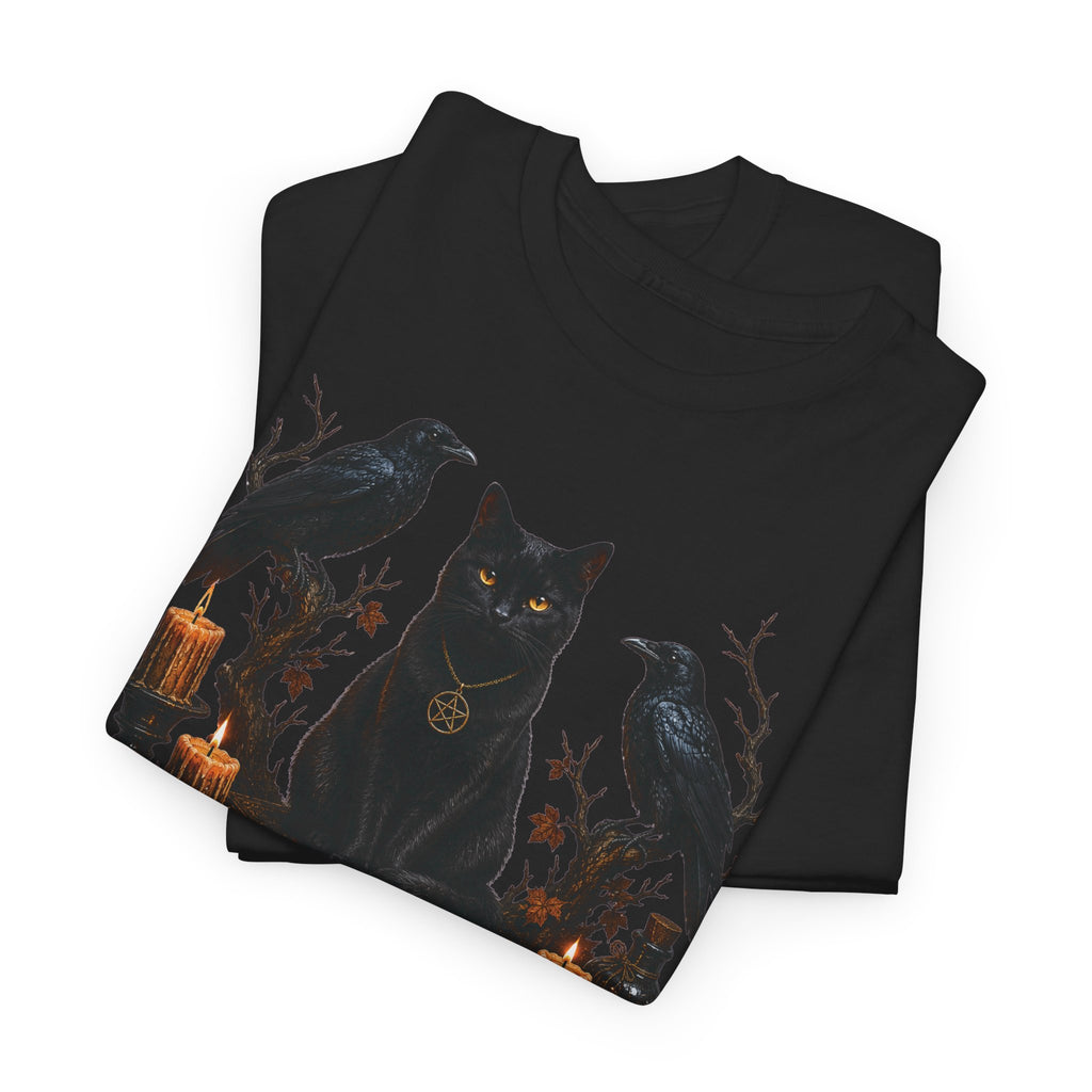 Witchy Black Cat T-Shirt — Candlelit Raven & Grimoire Gothic Tee