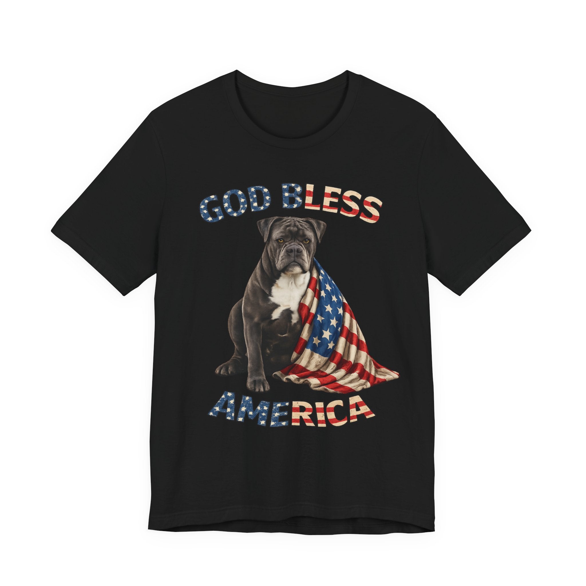 Patriotic Bulldog Tee – "God Bless America" USA Flag Dog T-Shirt