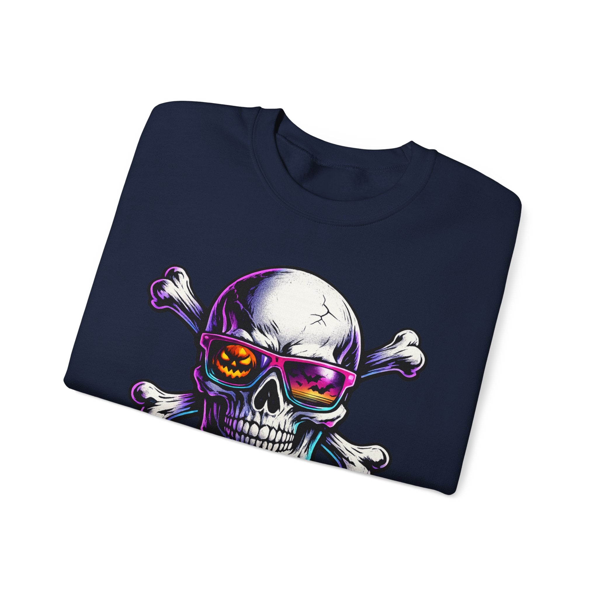 Skull & Crossbones Crewneck Sweatshirt — Neon Sunglasses Halloween Skull Graphic