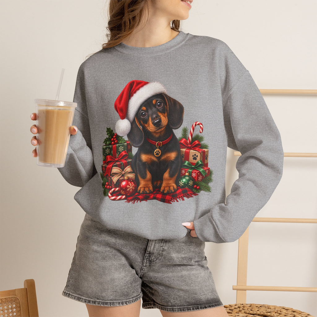 Christmas Dachshund Sweatshirt — Cute Puppy in Santa Hat Holiday Crewneck