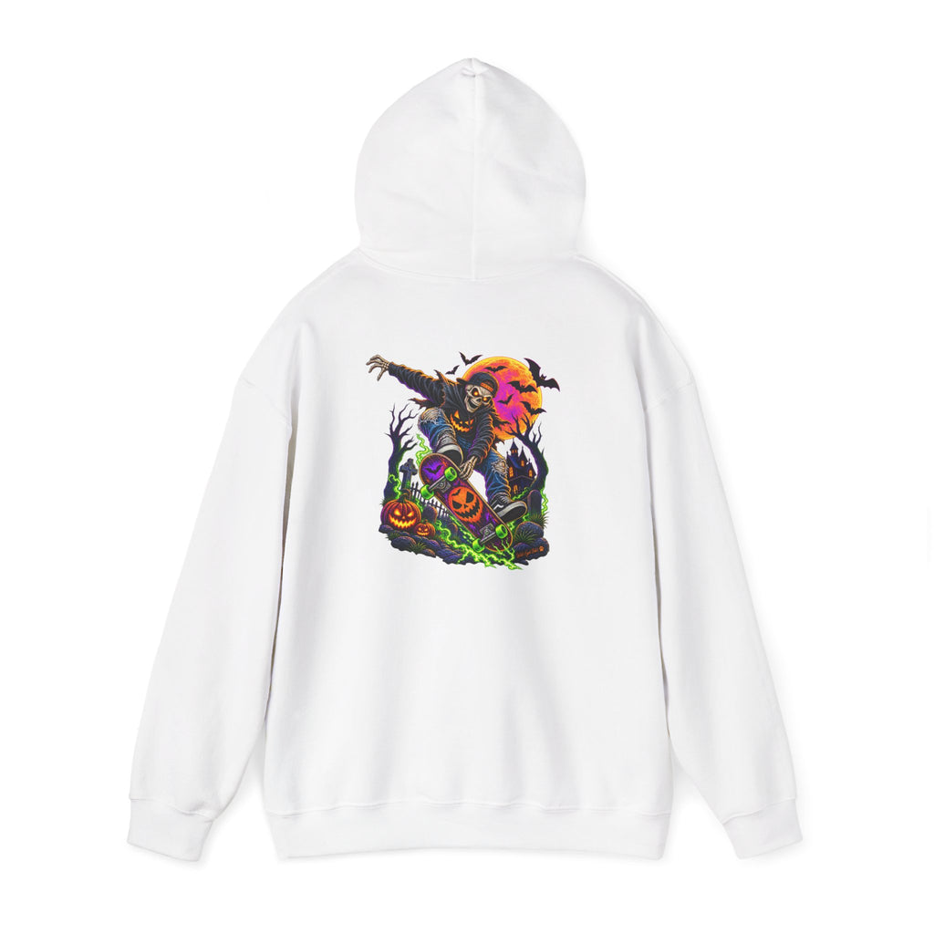 Halloween Skeleton skateboarder Hoodie — Pumpkin Patch Horror Graphic Sweatshirt