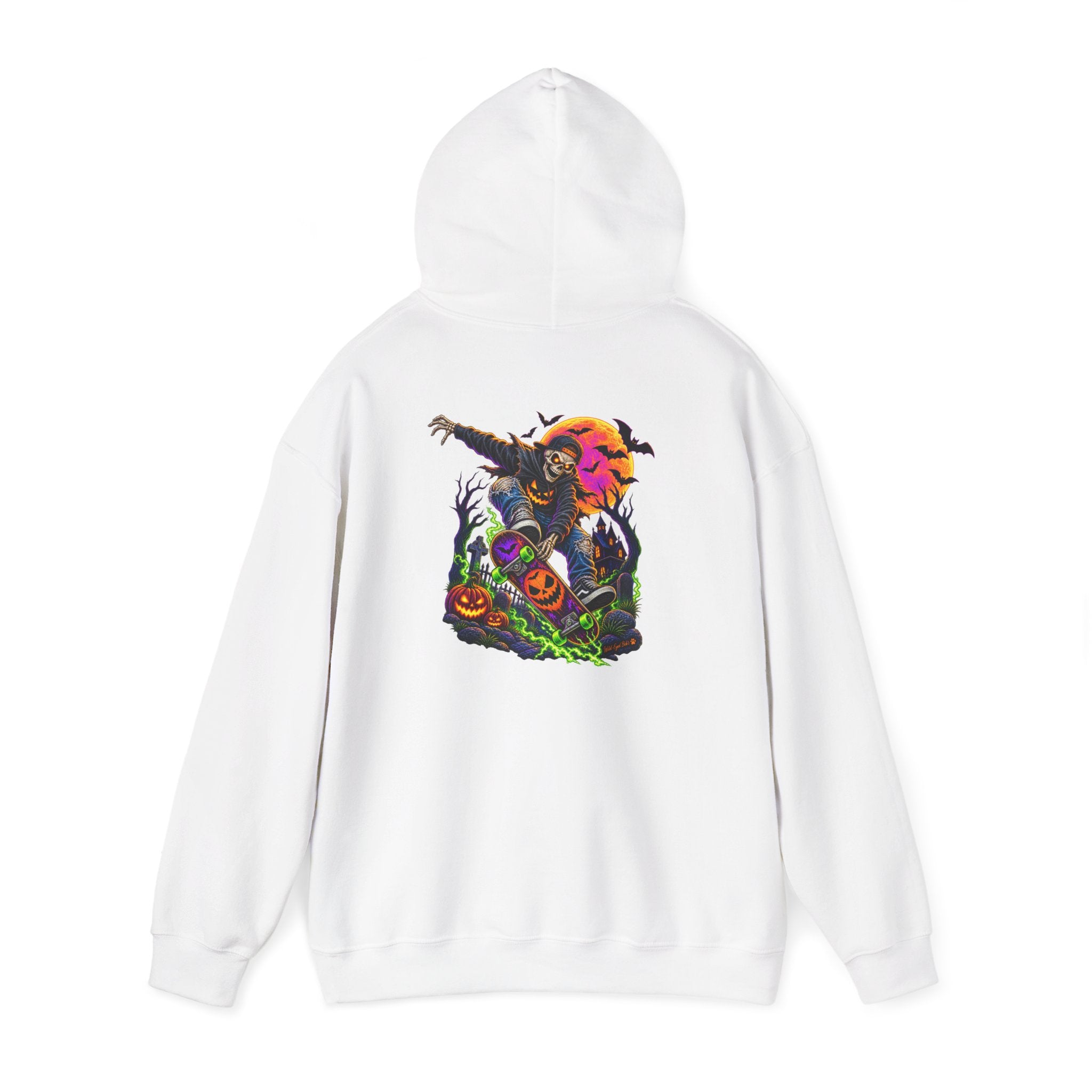 Halloween Skeleton skateboarder Hoodie — Pumpkin Patch Horror Graphic Sweatshirt