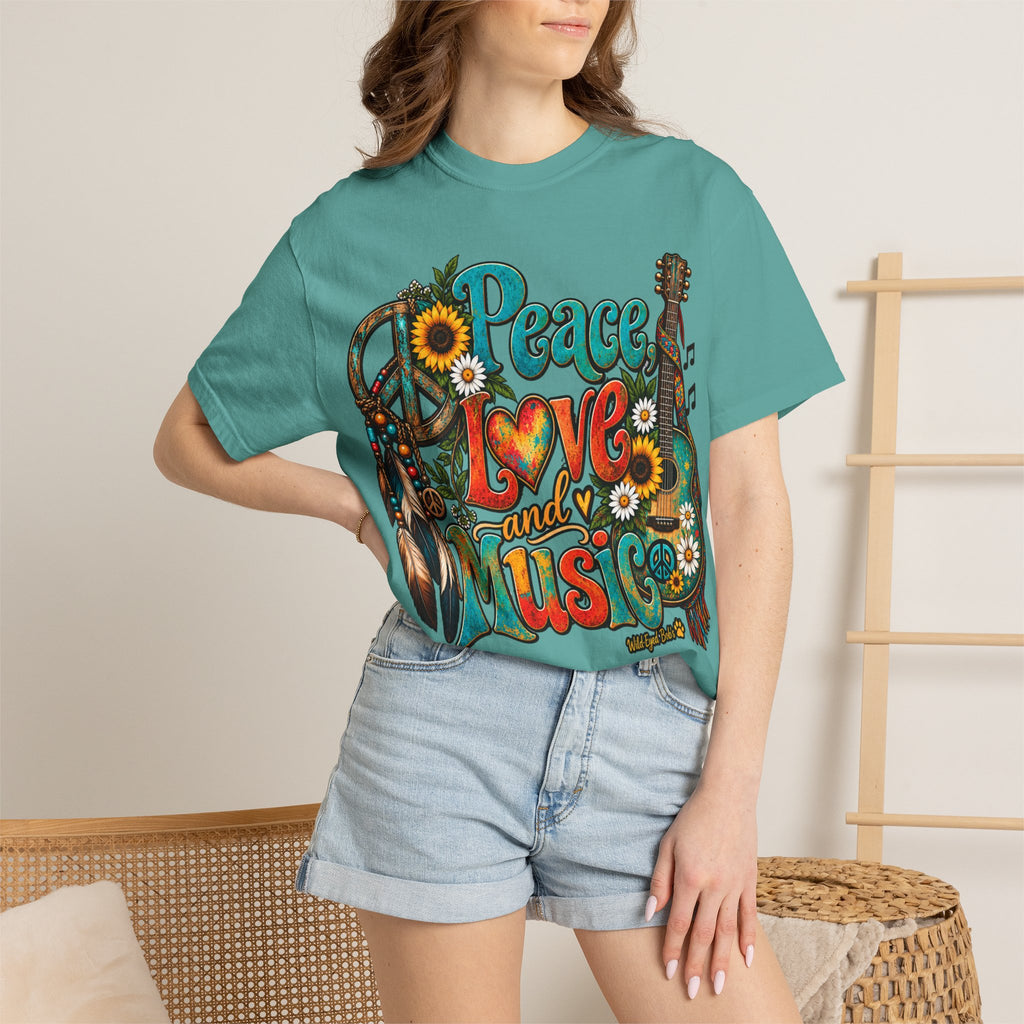 Peace, Love & Music Graphic T-Shirt — Retro Hippie Guitar Sunflower Tee