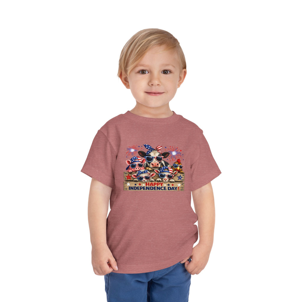 Happy Independence Day Toddler Tee — Patriotic Farm Animals  & Fireworks 4th of July Shirt