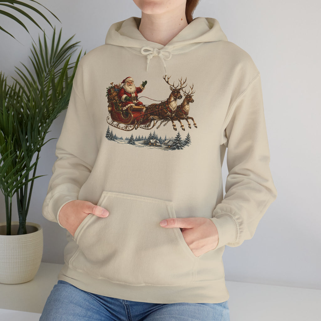 Christmas Santa Sleigh Hoodie - Vintage Santa & Reindeer Holiday Sweatshirt
