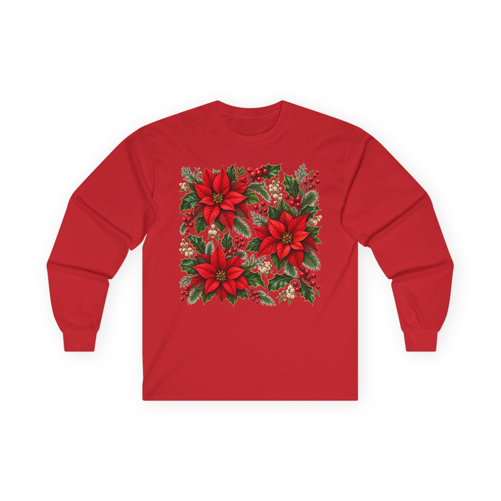 Poinsettia Holiday Long Sleeve Tee — Christmas Floral Sweater Alternative
