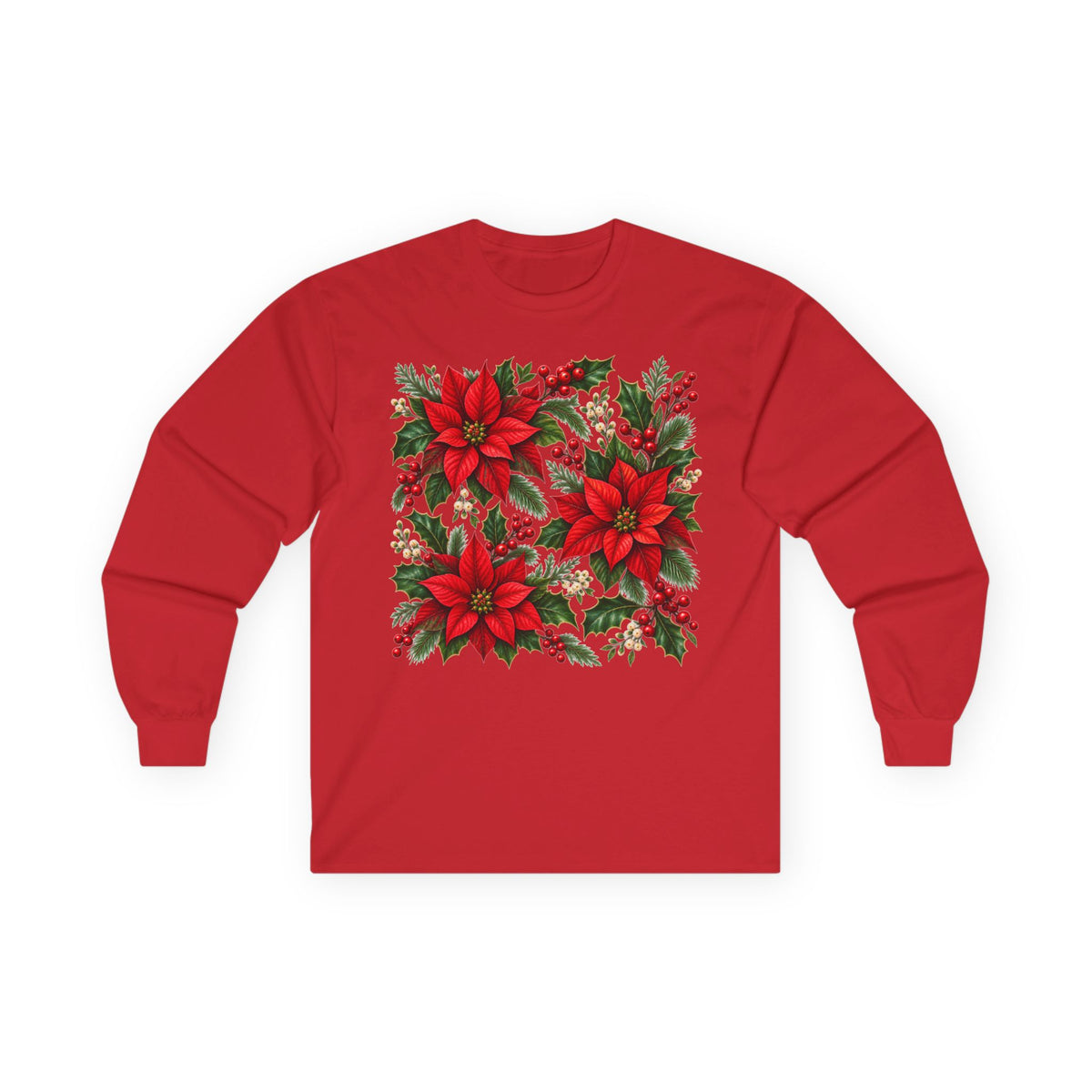 Poinsettia Holiday Long Sleeve Tee — Christmas Floral Sweater Alternative