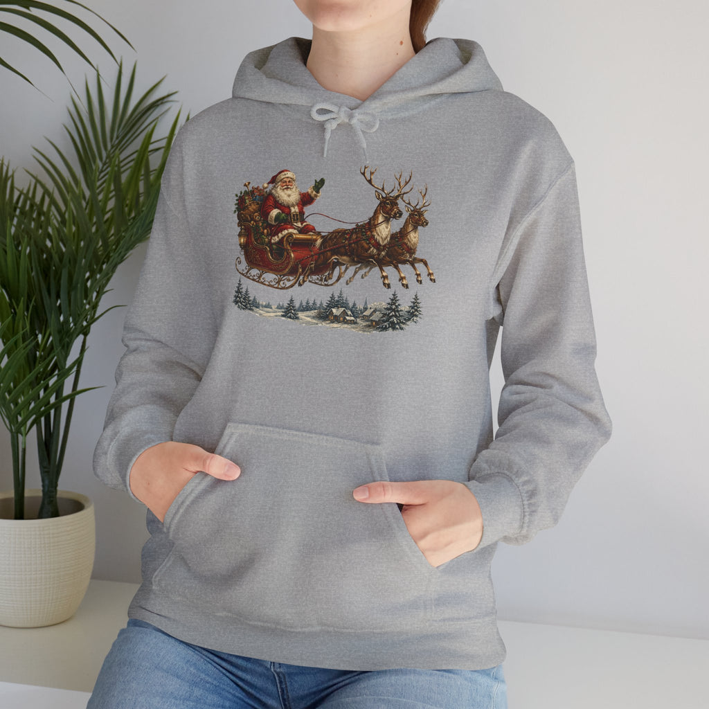 Christmas Santa Sleigh Hoodie - Vintage Santa & Reindeer Holiday Sweatshirt
