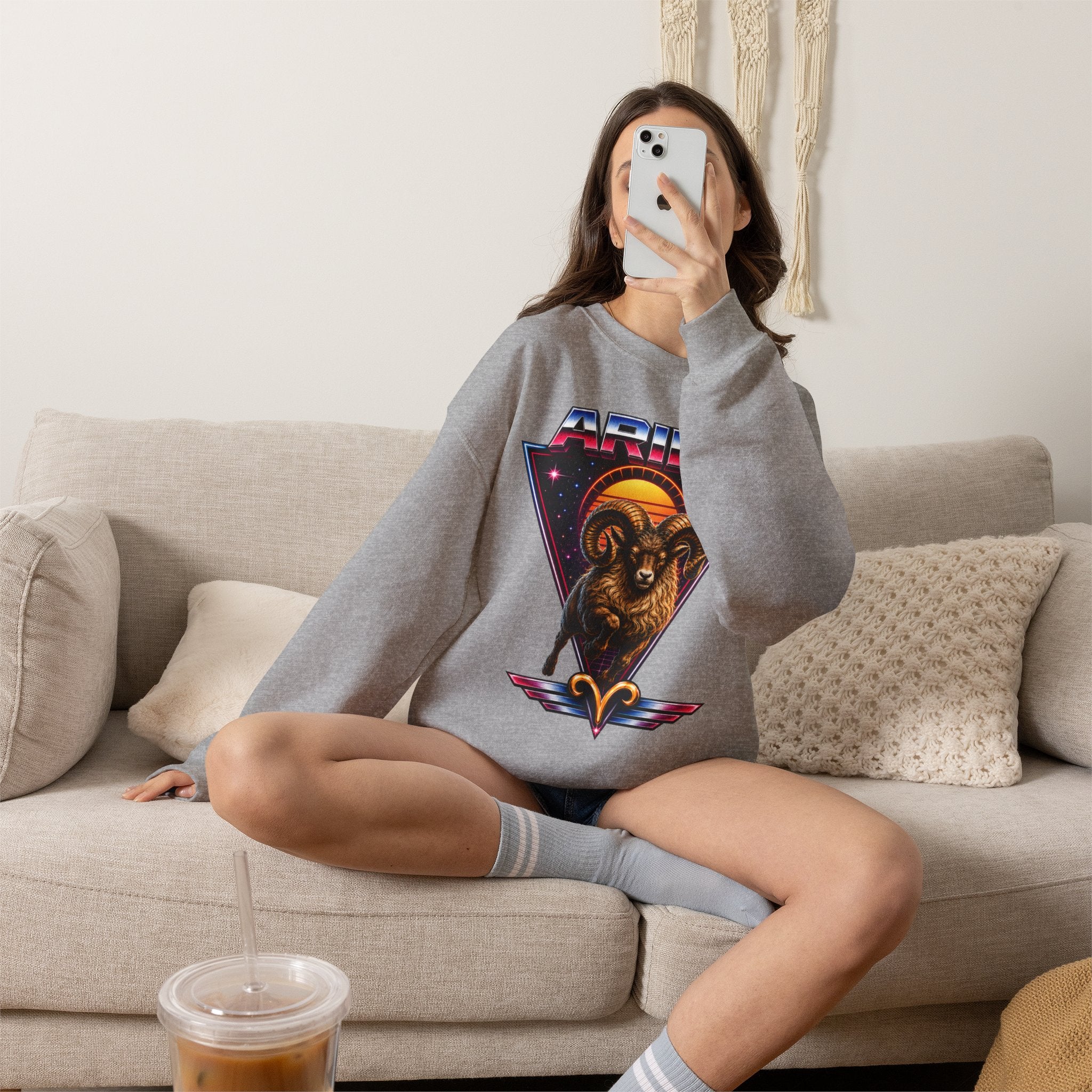 Aries Zodiac Crewneck Sweatshirt — 80s Retro Ram Astrology Graphic