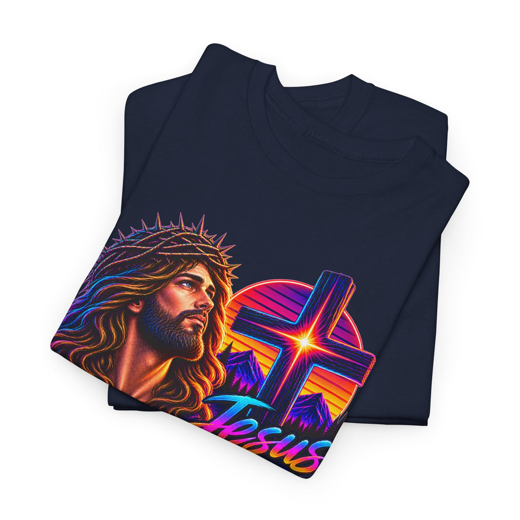 Jesus Is King T-Shirt — Neon Portrait Cross Christian Tee