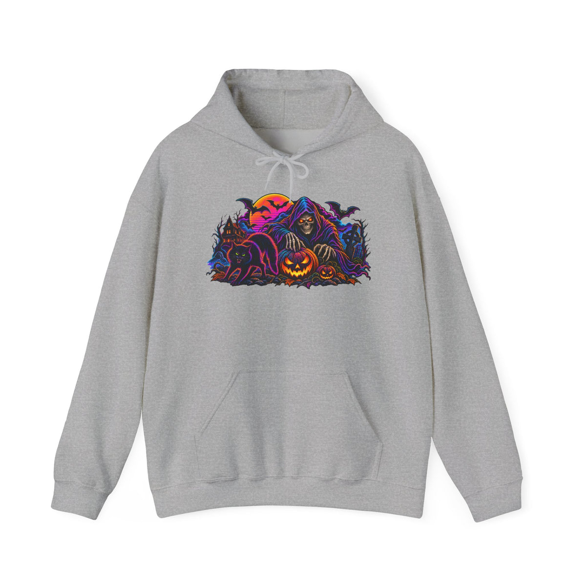 Halloween Horror Hoodie - Neon Jack-O'-Lantern & Ghosts Graphic Sweatshirt