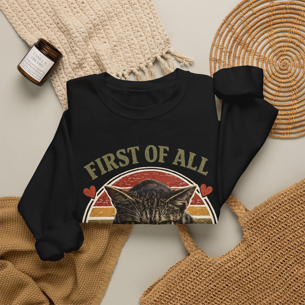 Cat Crewneck Sweatshirt — "First of All I'm a Delight" Retro Cat Pullover