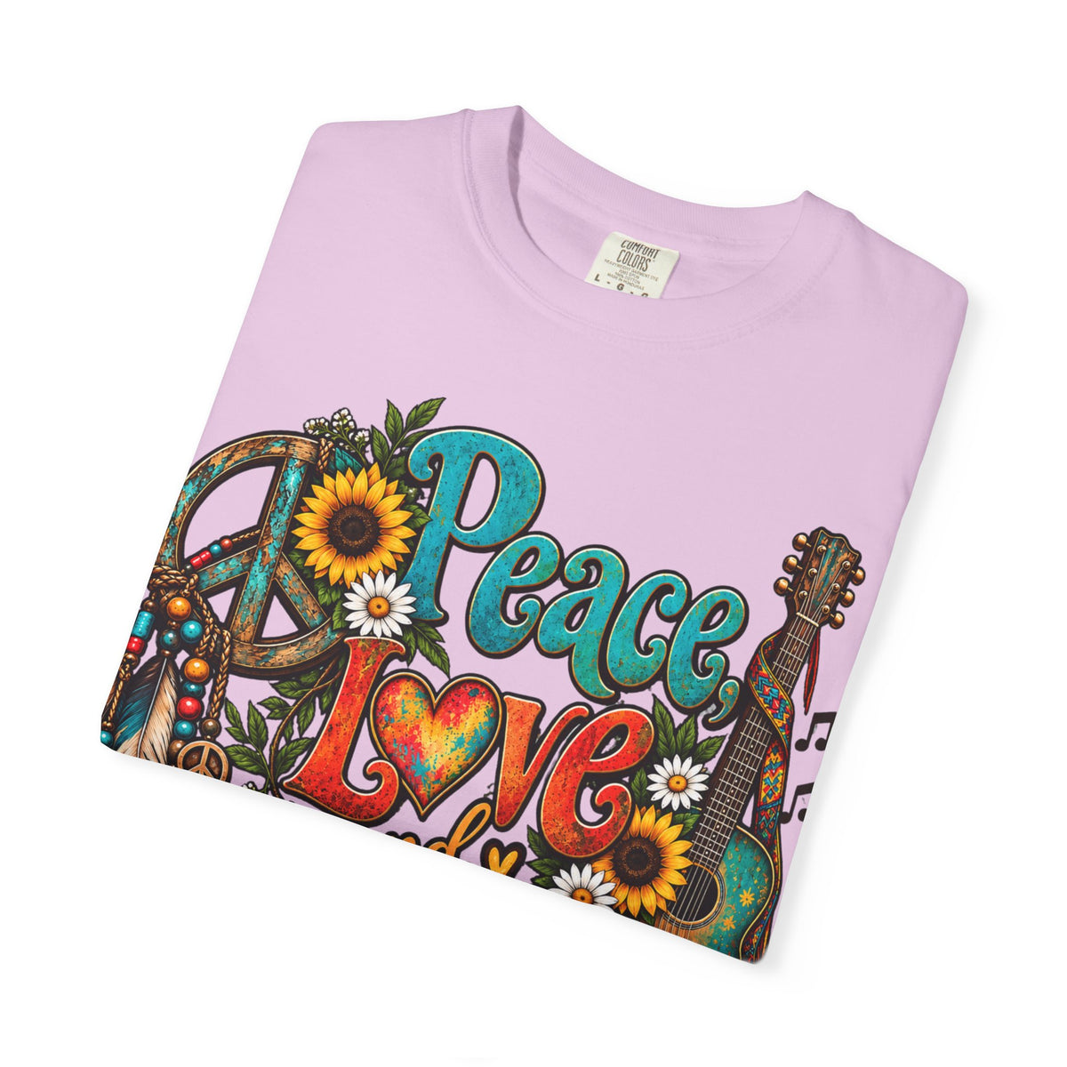 Peace, Love & Music Graphic T-Shirt — Retro Hippie Guitar Sunflower Tee