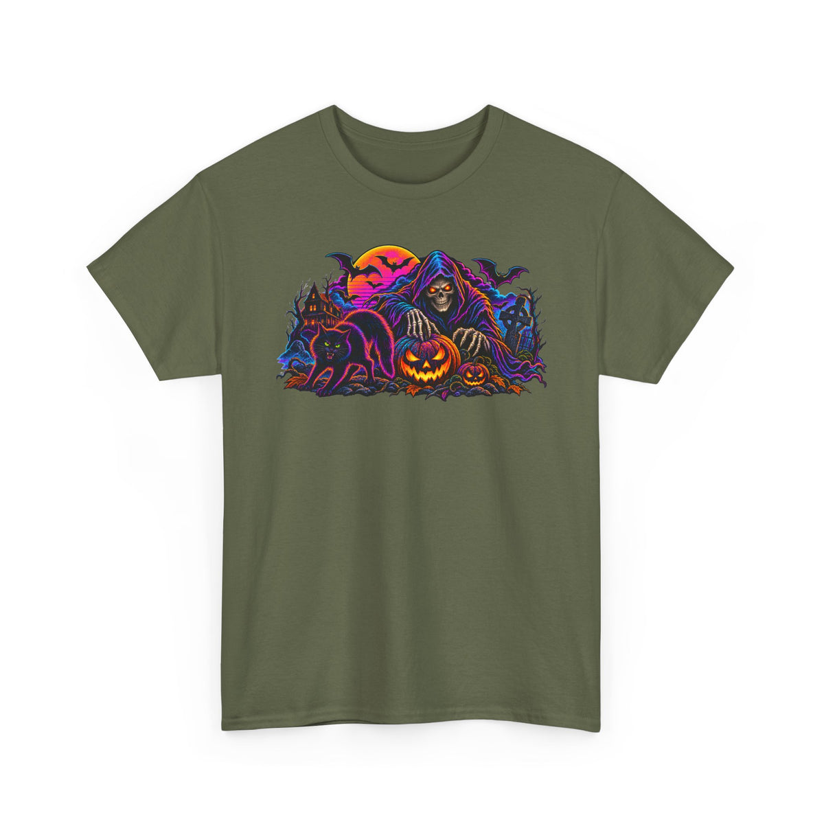 Halloween Grim Reaper Jack-O'-Lantern Tee — Retro Neon Spooky Skull Shirt