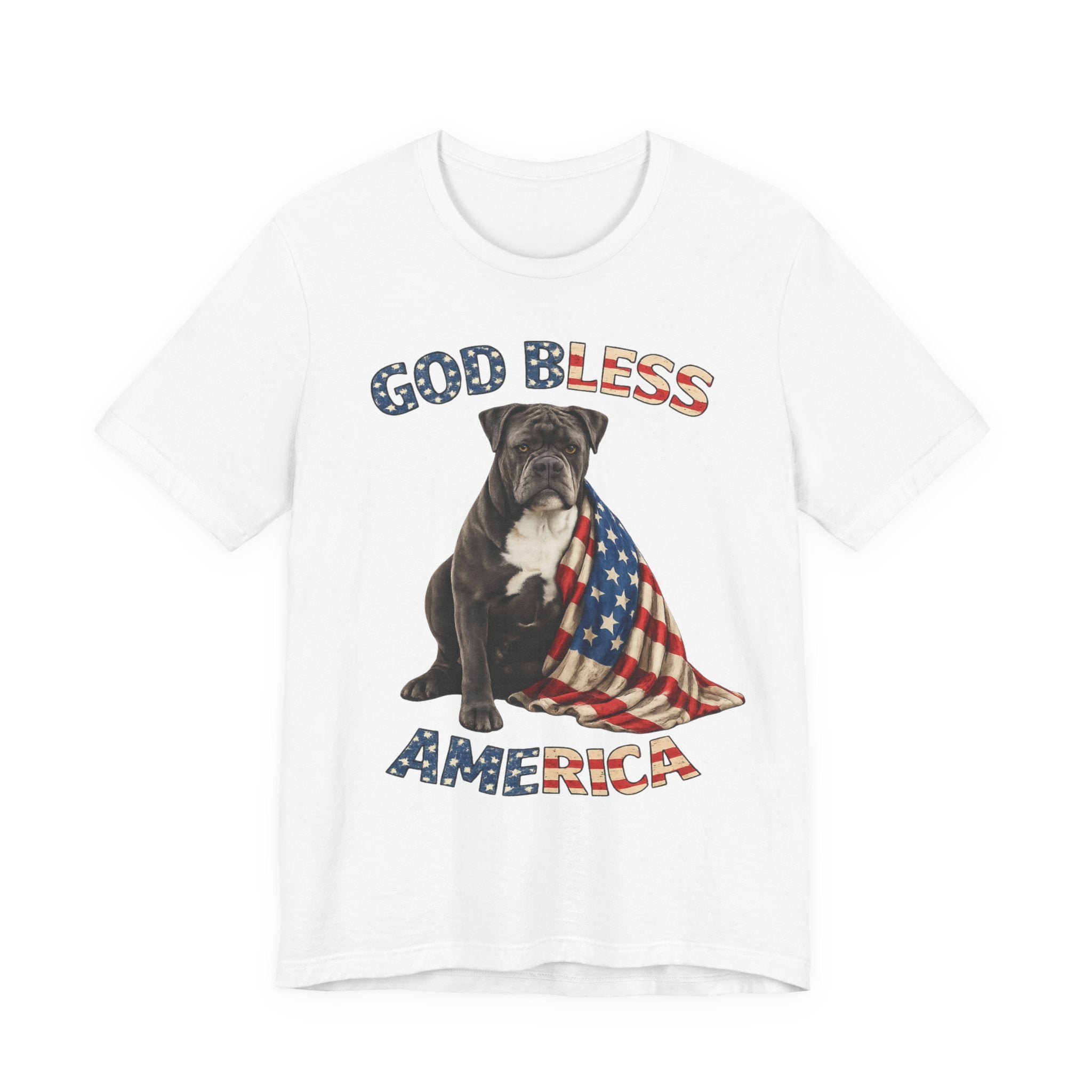 Patriotic Bulldog Tee – "God Bless America" USA Flag Dog T-Shirt